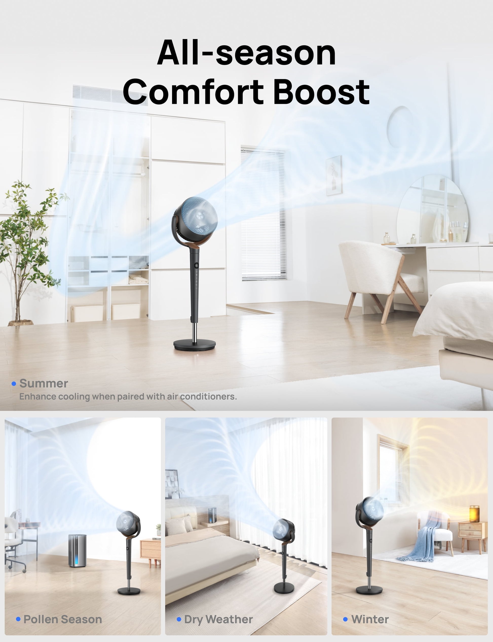 Pedestal Fans for Home, 8 Speeds, 3 Modes, 120°+120° Oscillating Quiet Fan for Bedroom, 80Ft Standing Floor Fan with Remote, DC Motor 23Db, 8H Timer, 35-40 Inch Adjustable Height